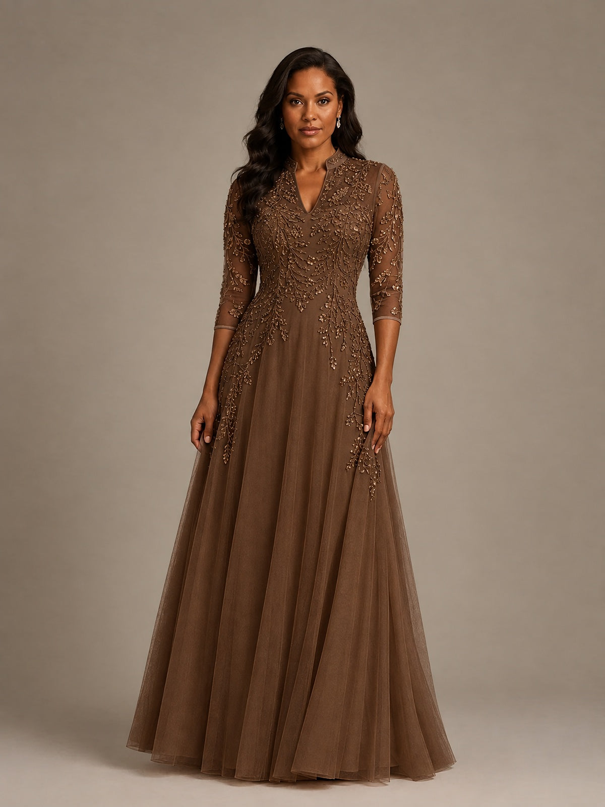Embellished Appliques Mother of the Bride Dress with 3/4 Sleeves