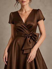 V-Neck Tea-Length Satin Mother of the Bride Dress with Bow