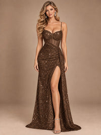 Burgundy Sequin Corset Prom Dress with High Slit