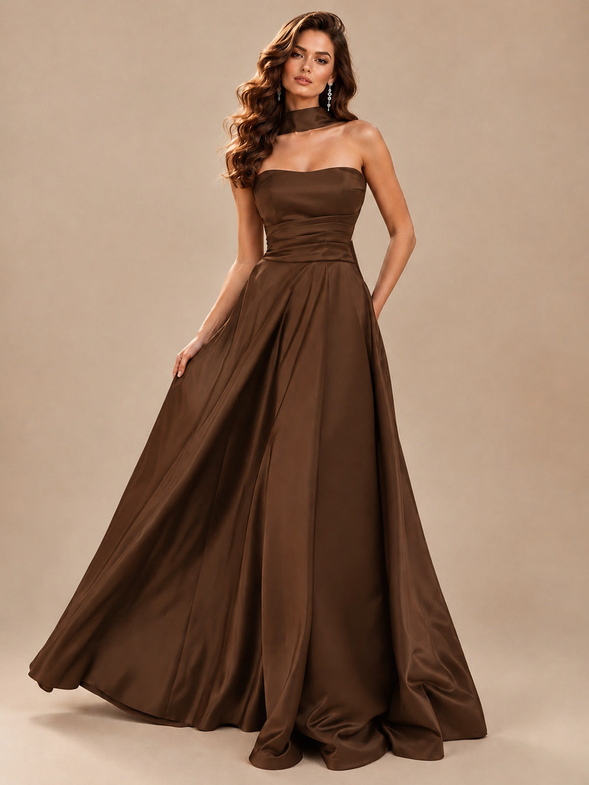 Strapless Prom Dress Side High Slit A-line Formal Dress with Scarf