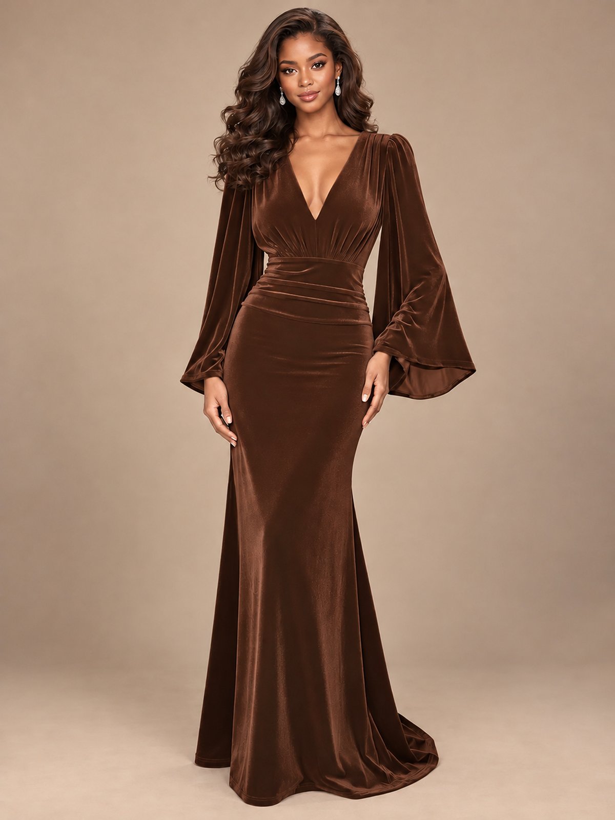 Burgundy Velvet Deep V-Neck Ruched Long Sleeve Maxi Dress