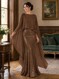 Sequin 2 Pieces Mother of the Bride Dress with Cap Sleeves Chiffon Formal Gowns