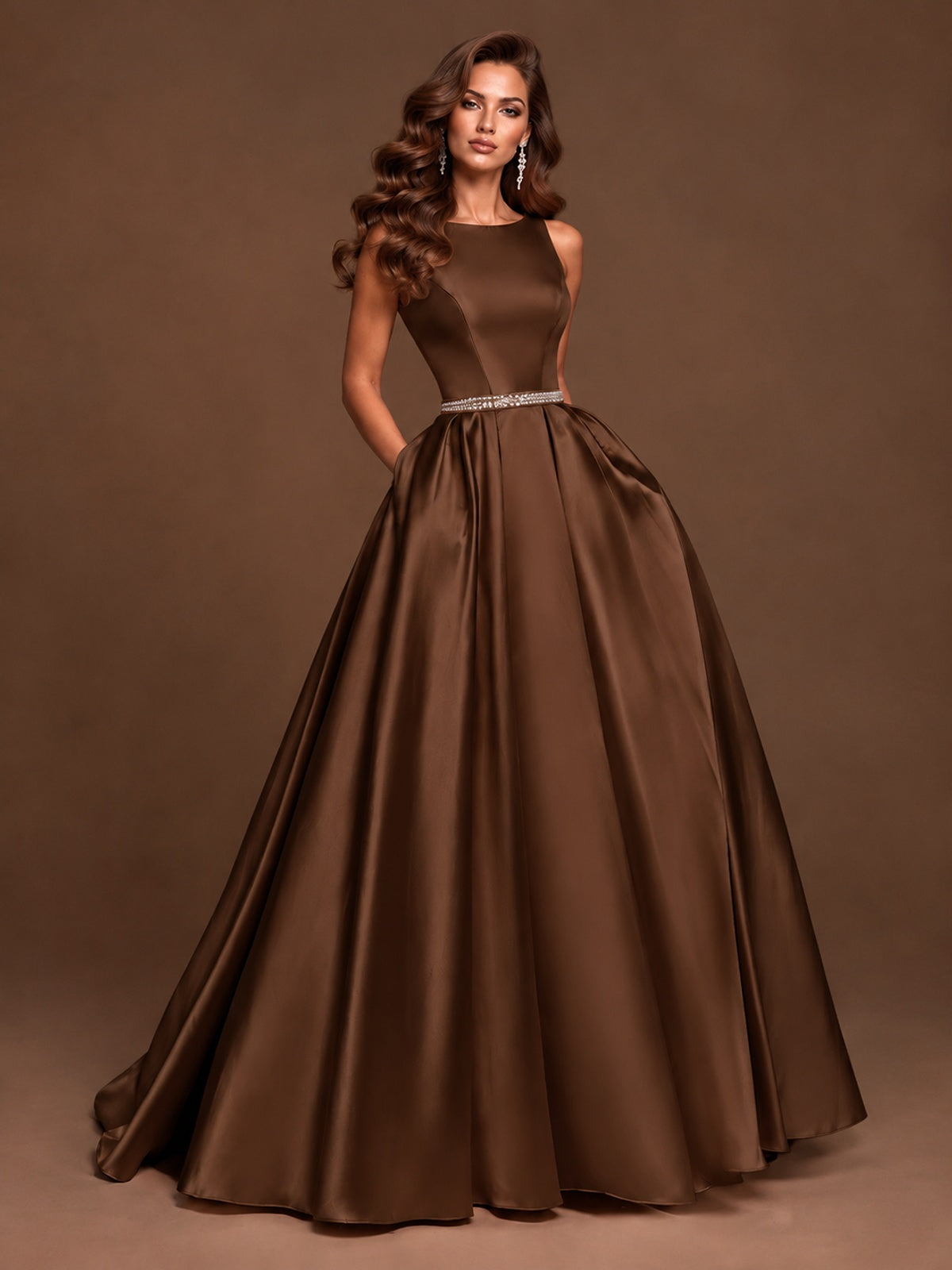 Satin A-Line Prom Dress Sleeveless Beaded Waist Formal Gown with Pockets