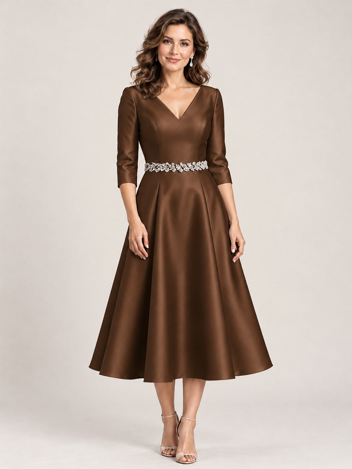 Brown V-Neck Tea-Length Mother of the Bride Dress with Embellished Waist