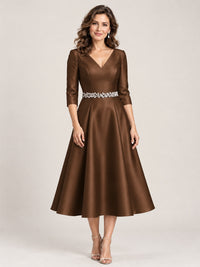 Brown V-Neck Tea-Length Mother of the Bride Dress with Embellished Waist
