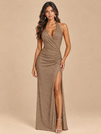 Halter V-Neck Sequin Mermaid Prom Dress with High Slit