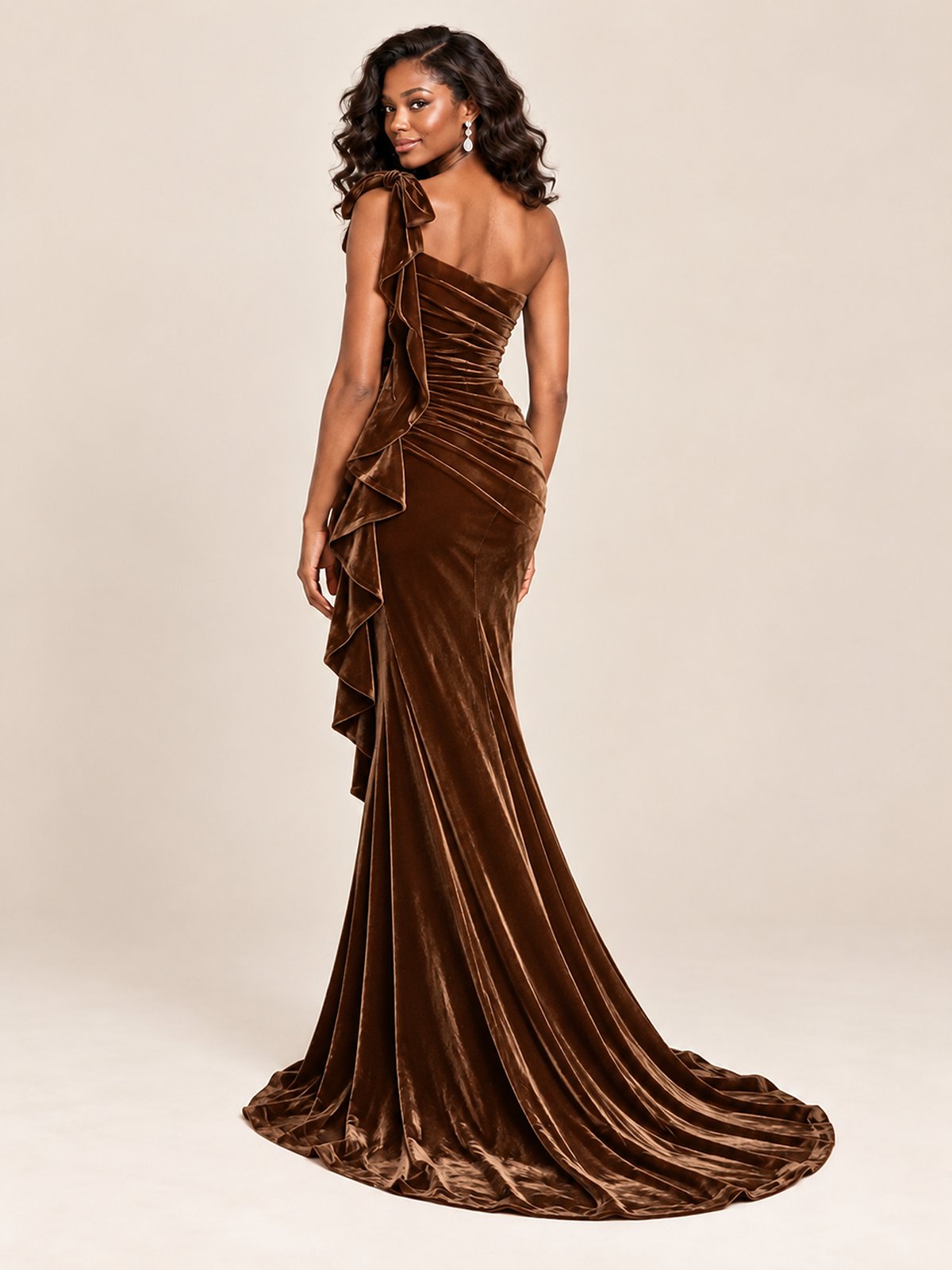 Black Velvet One-Shoulder Mermaid Evening Gown with Bow & Ruffles