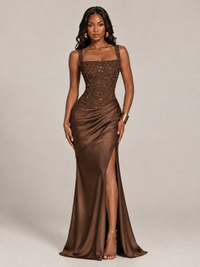 Scoop Neck Sequin Prom Dress with High Slit Satin Formal Gowns