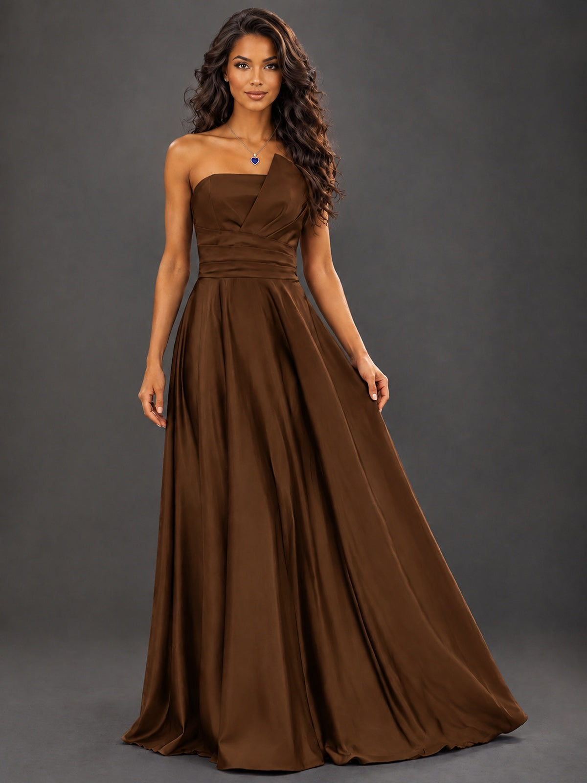 Draped Satin Prom Dress Strapless A-line Formal Dress Floor Length