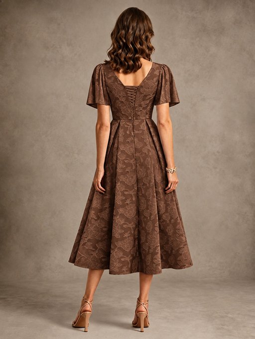 V-Neck Floral Jacquard Tea-Length Mother of the Bride Dress
