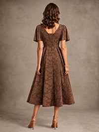 V-Neck Floral Jacquard Tea-Length Mother of the Bride Dress