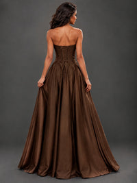 Draped Satin Prom Dress Strapless A-line Formal Dress Floor Length