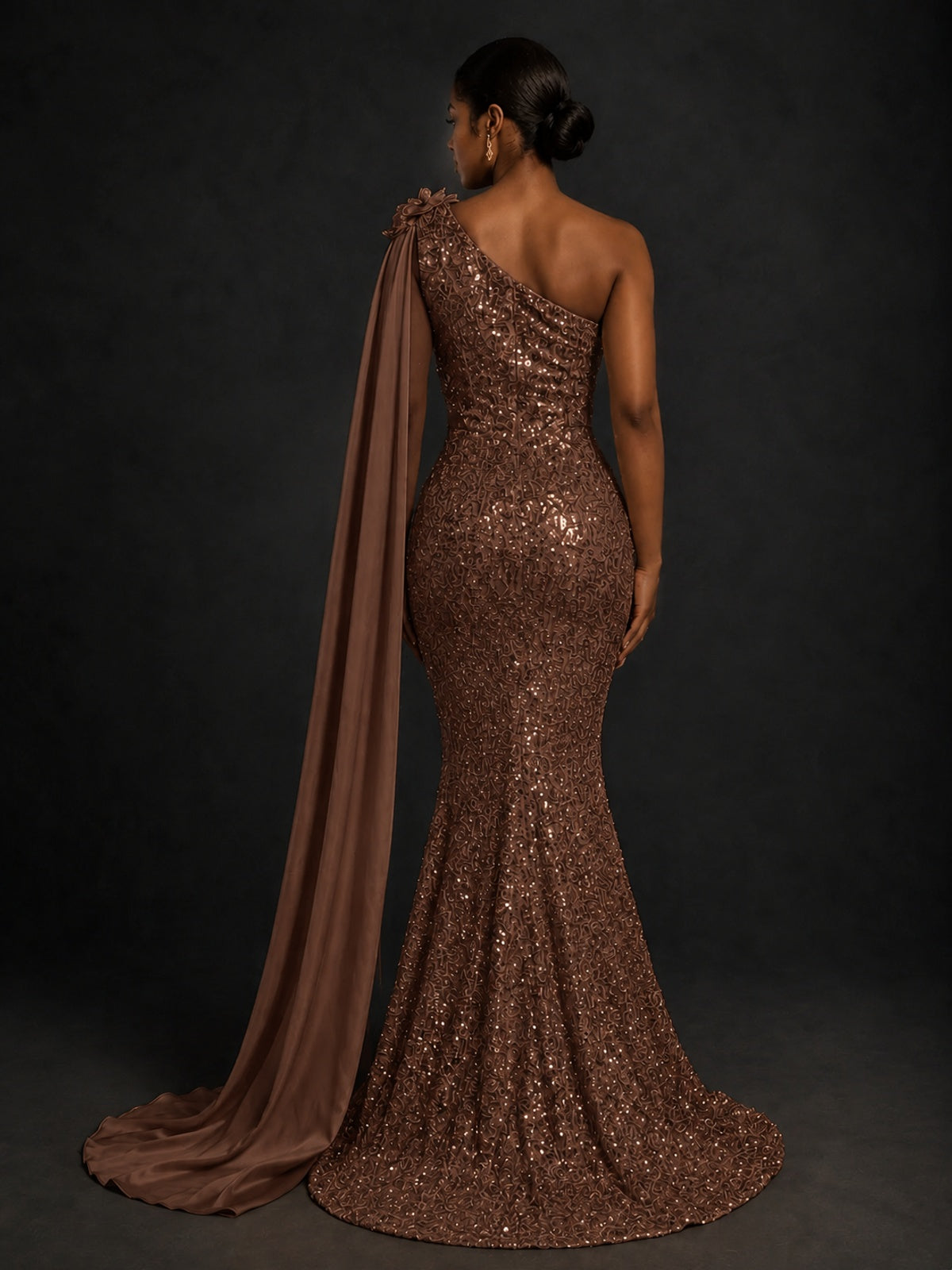 Gold Sequin One Shoulder Mermaid Prom Dress with Cape