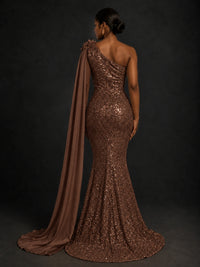 Gold Sequin One Shoulder Mermaid Prom Dress with Cape
