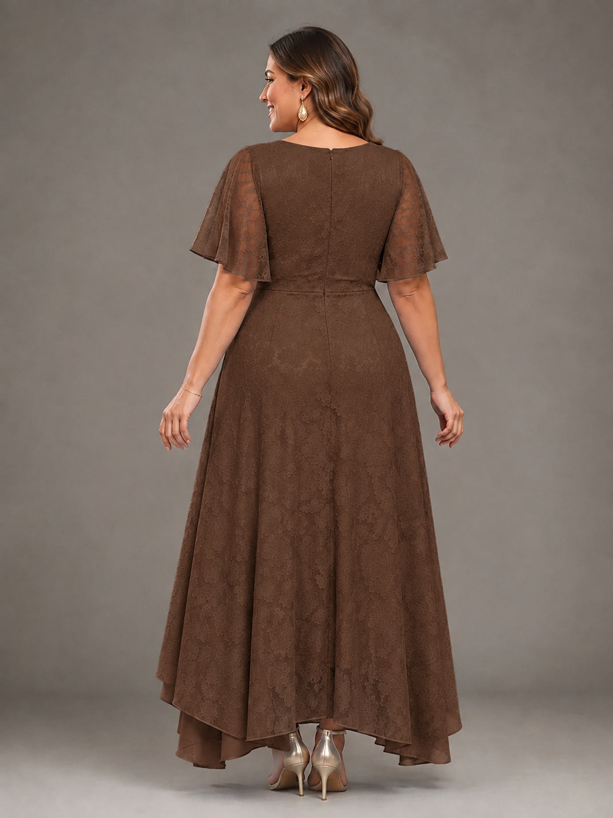 Jacquard Chiffon A-Line V-Neck High-Low Mother of the Bride Dress