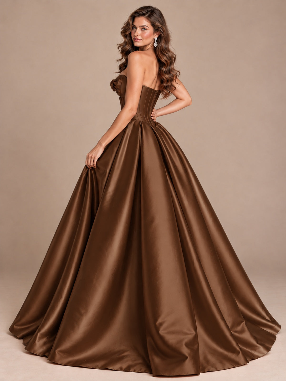 Pink Strapless Corset Satin Prom Derss & Ball Gown with 3D Floral