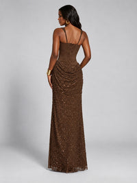 Sequin Corset Mermaid Prom Dress with Square Neck Wide Strap High Slit