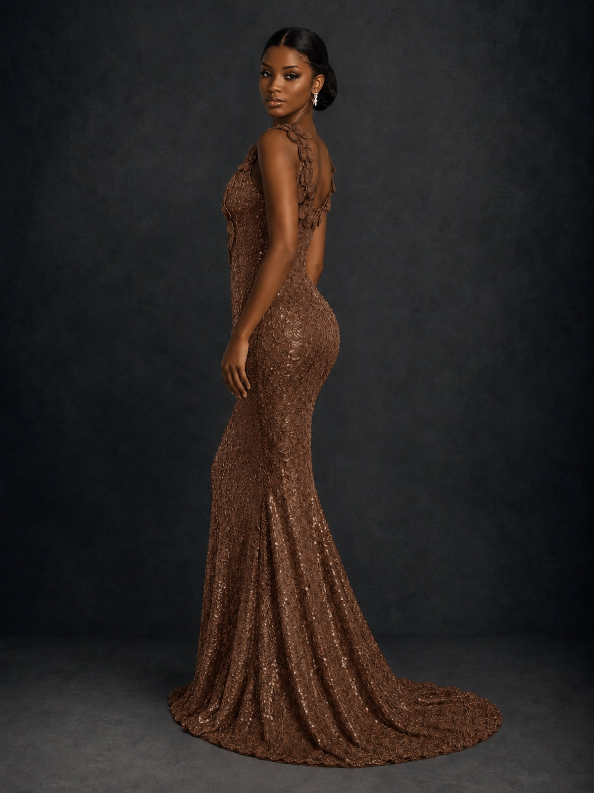Gold Sequin Floral Applique Mermaid Prom Dress