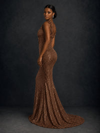 Gold Sequin Floral Applique Mermaid Prom Dress