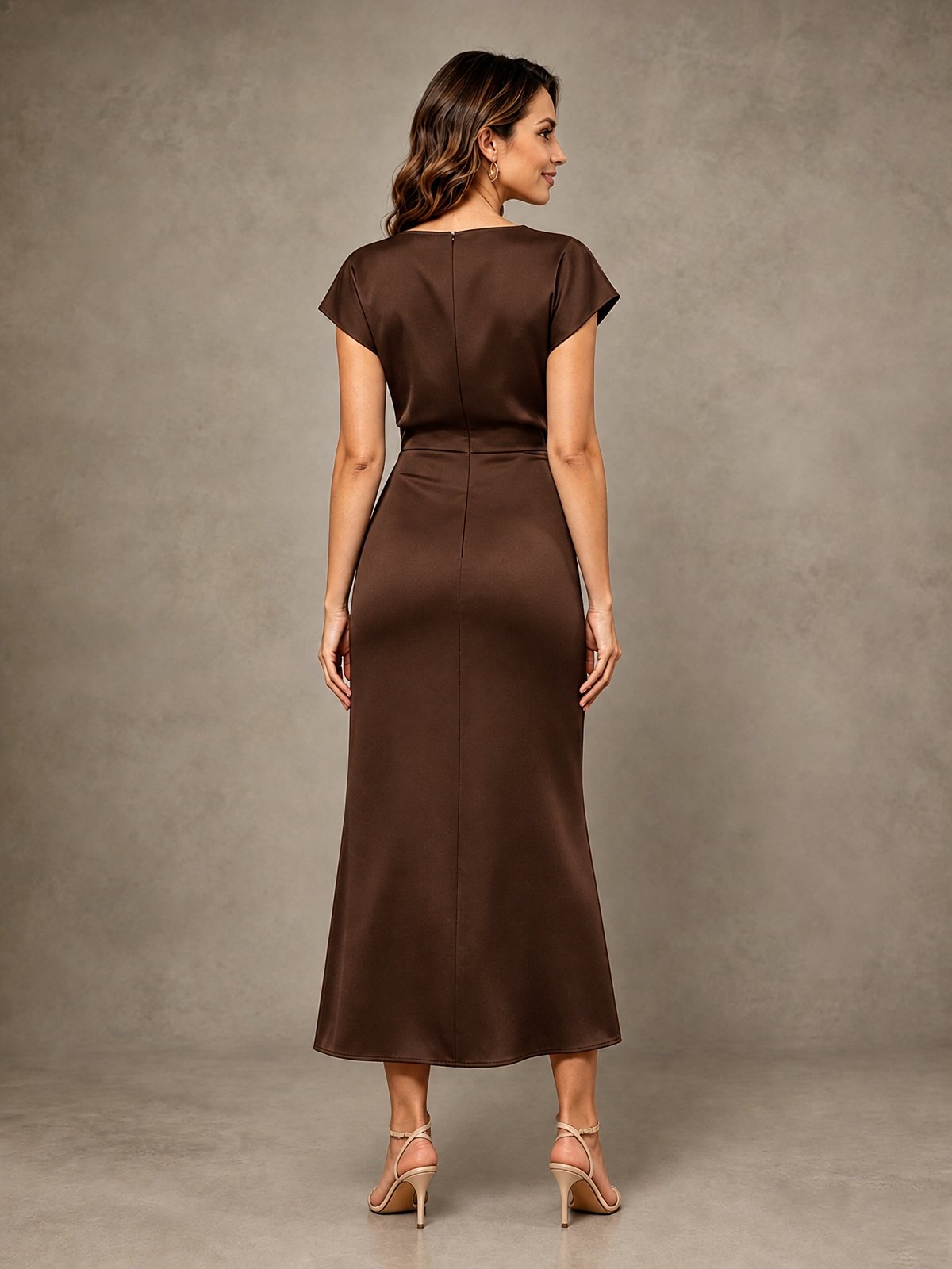 Cowl Neck Satin Mother of the Bride Dress with Ruched Waist