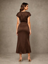 Cowl Neck Satin Mother of the Bride Dress with Ruched Waist