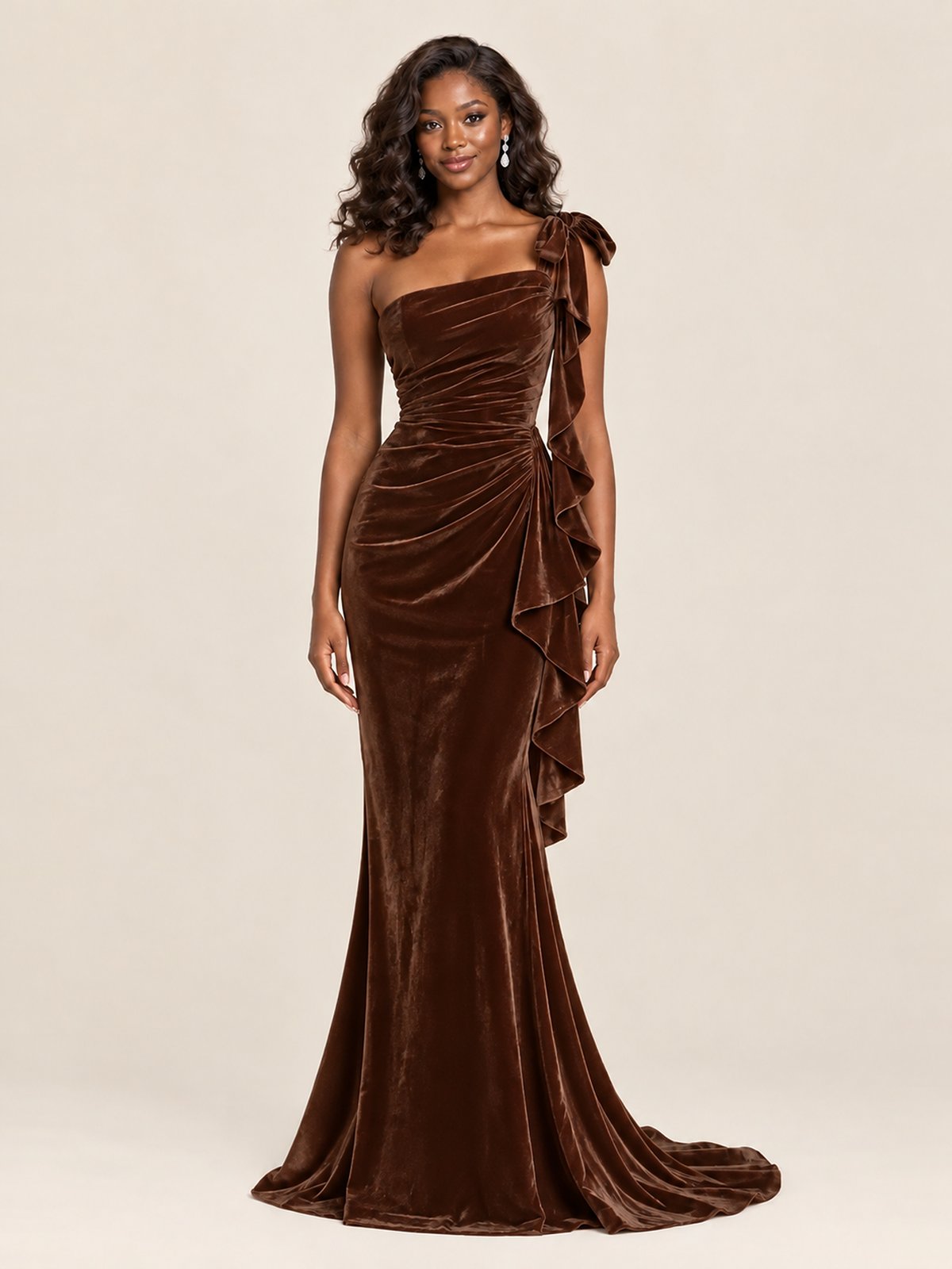 Black Velvet One-Shoulder Mermaid Evening Gown with Bow & Ruffles