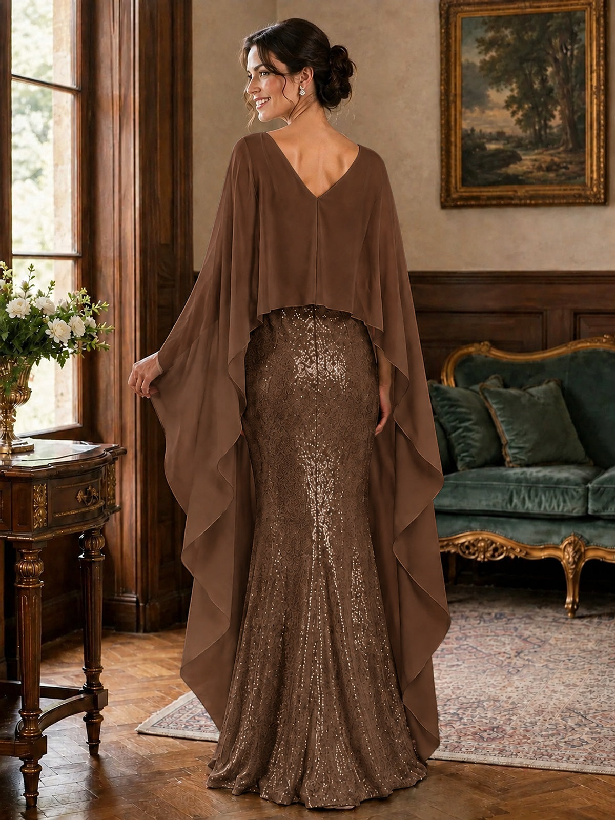 Sequin 2 Pieces Mother of the Bride Dress with Cap Sleeves Chiffon Formal Gowns