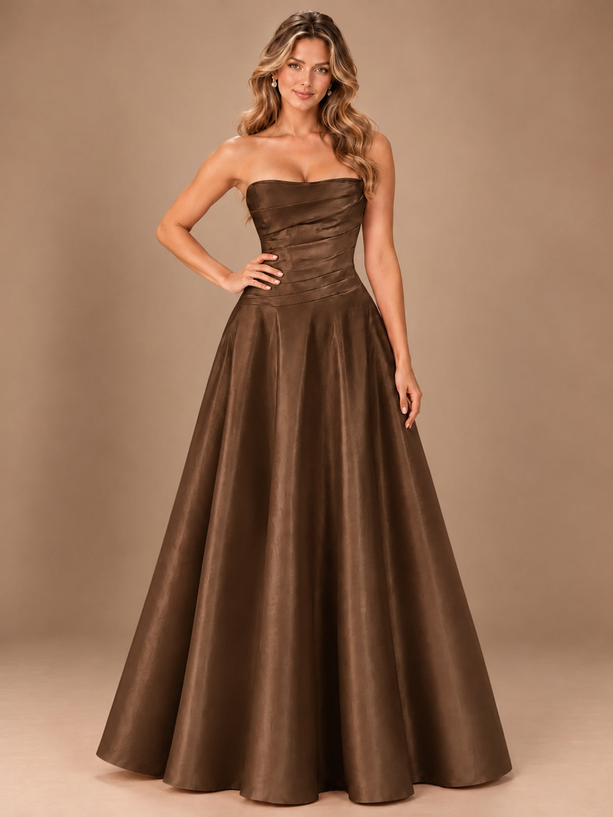 Blush Pink Strapless Satin A-Line Prom Dress with Ruched Bodice