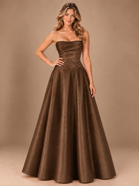 Blush Pink Strapless Satin A-Line Prom Dress with Ruched Bodice
