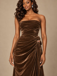 Burgundy Velvet Strapless Ruched Prom Dress with Jeweled Side Drape