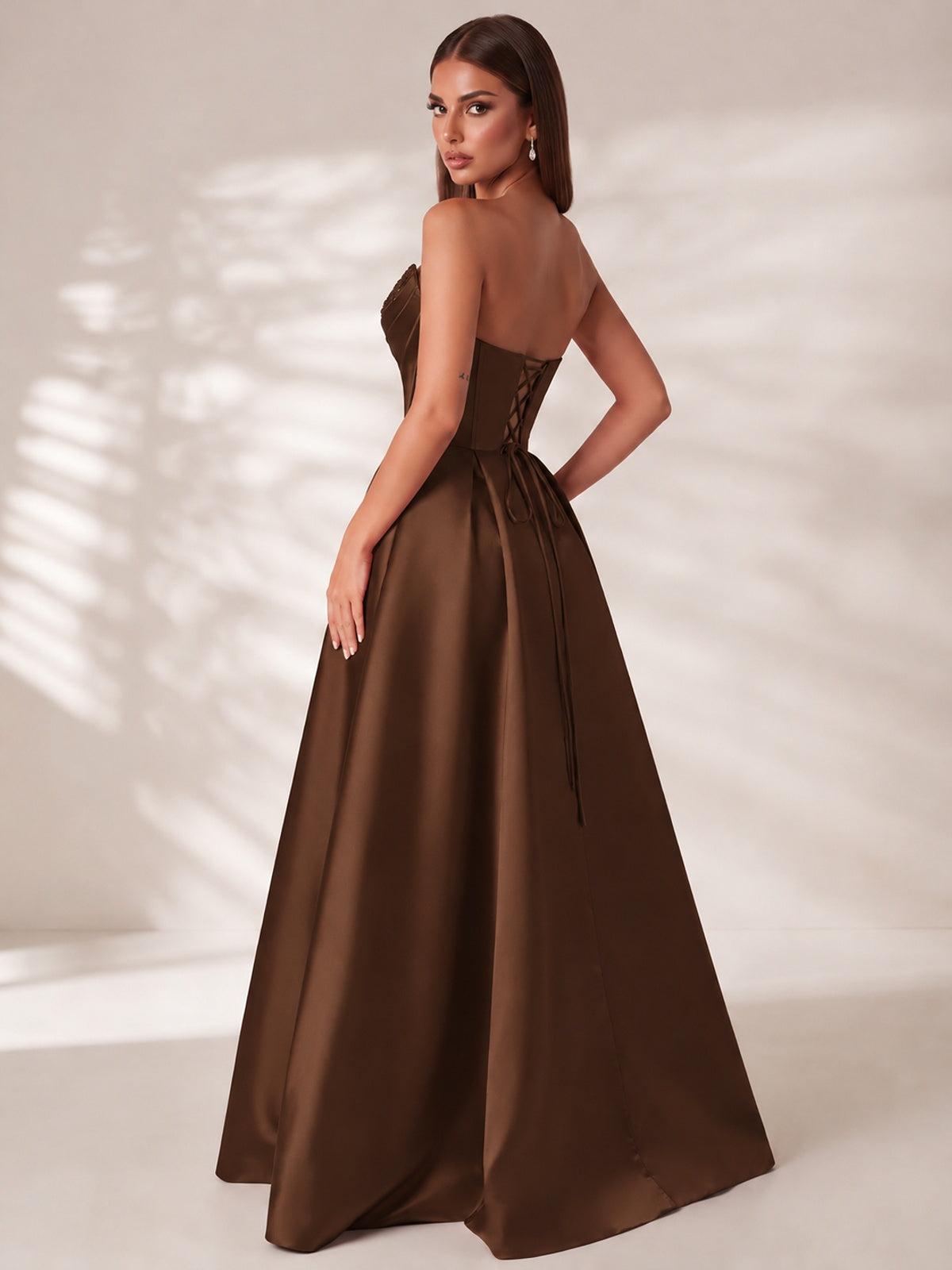 Strapless Corset Satin Prom Dress Long Evening Gown with High Slit