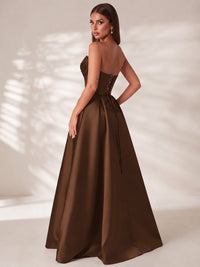 Strapless Corset Satin Prom Dress Long Evening Gown with High Slit