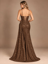 Burgundy Sequin Corset Prom Dress with High Slit