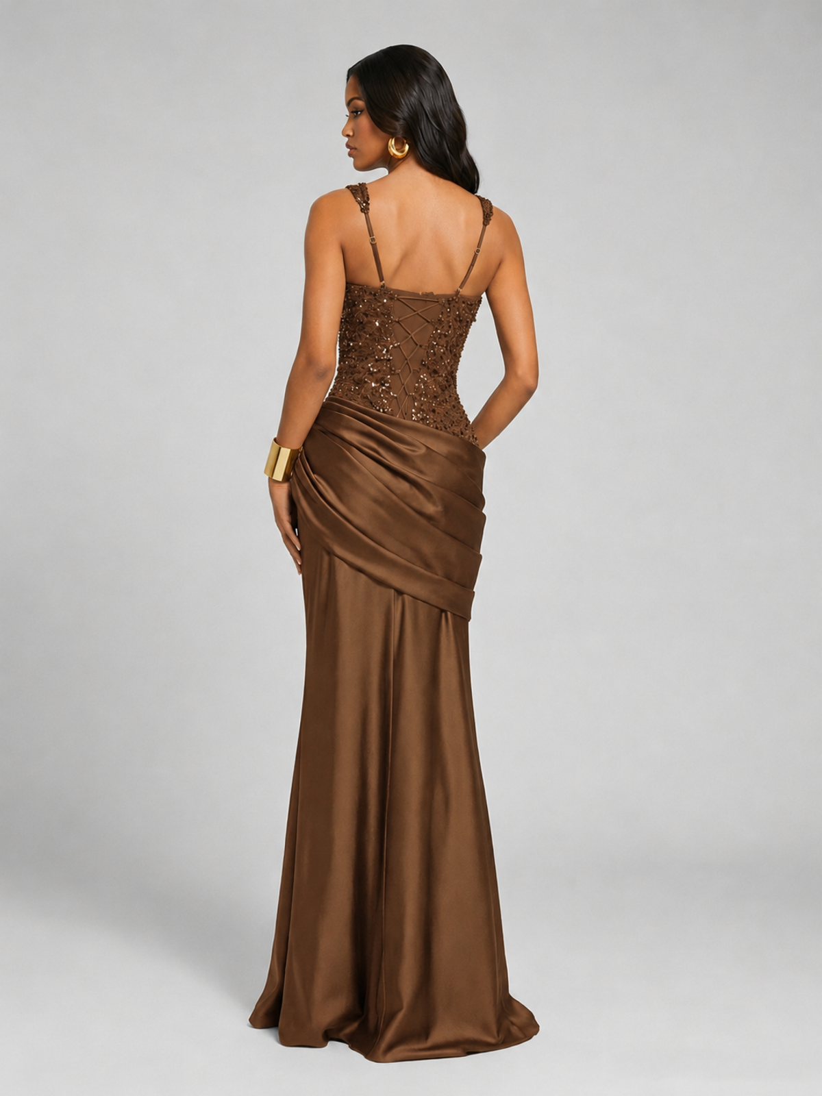 Scoop Neck Sequin Prom Dress with High Slit Satin Formal Gowns