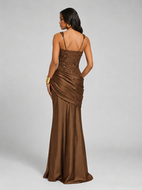 Scoop Neck Sequin Prom Dress with High Slit Satin Formal Gowns