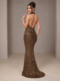 Gold Halter Sequin Mermaid Ruched Prom Dress Long Ruched Evening Gown