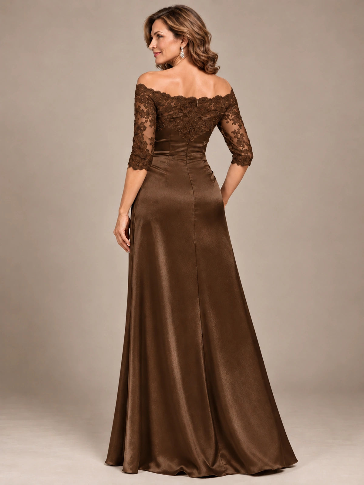 Satin Mother of the Bride Dress with Lace Sleeves Off Shoulder Formal Gown