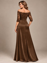 Satin Mother of the Bride Dress with Lace Sleeves Off Shoulder Formal Gown