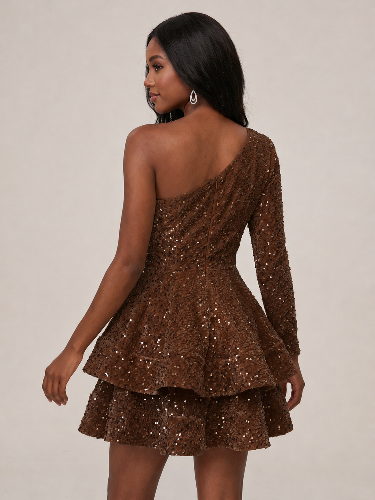 Puffy One Shoulder Sequin Tiered Mini Dress
