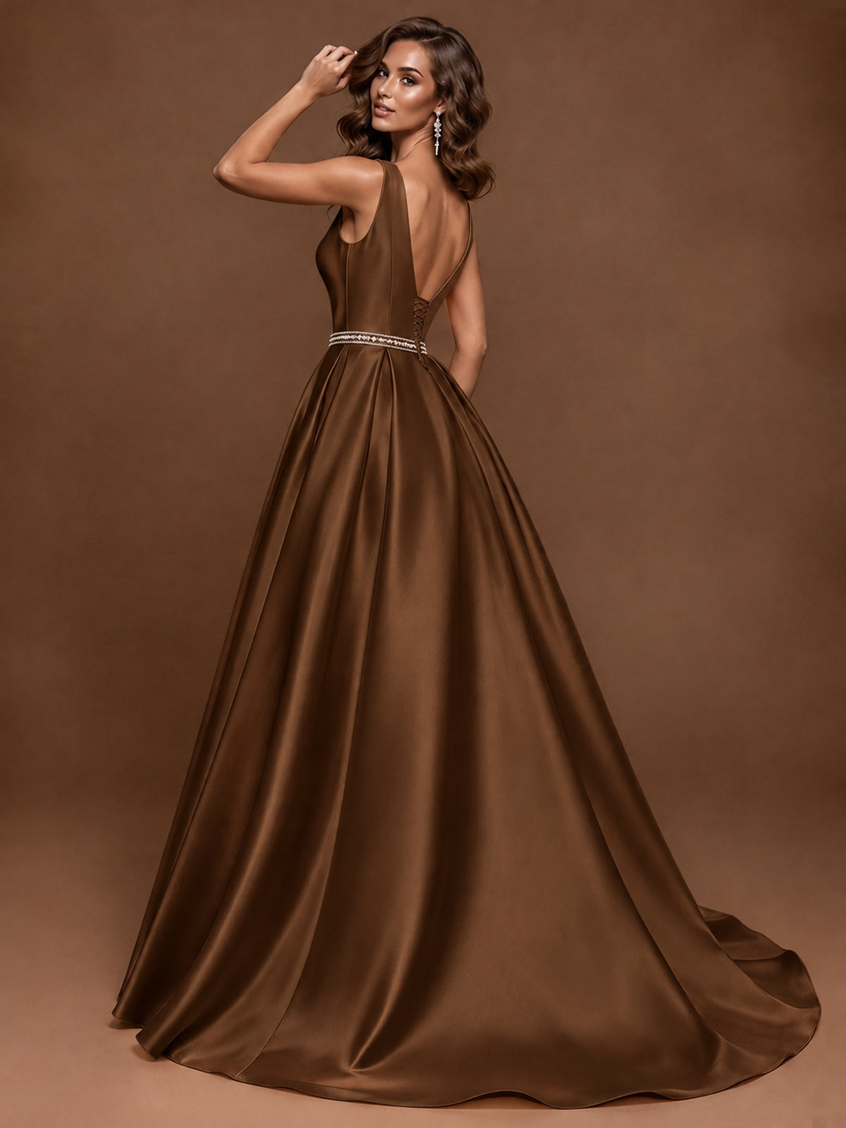 Satin A-Line Prom Dress Sleeveless Beaded Waist Formal Gown with Pockets