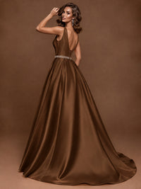 Satin A-Line Prom Dress Sleeveless Beaded Waist Formal Gown with Pockets