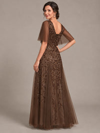 V-Neck Sequin Tulle Mother of the Bride Dress with Flutter Sleeve