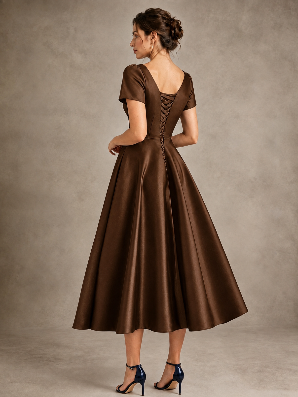V-Neck Tea-Length Satin Mother of the Bride Dress with Bow