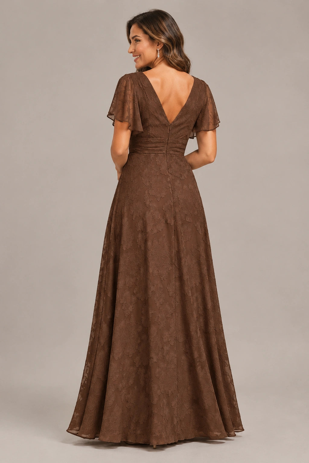 Jovellee Floral Chiffon A-Line Mother of the Bride Dress with Flutter Sleeves
