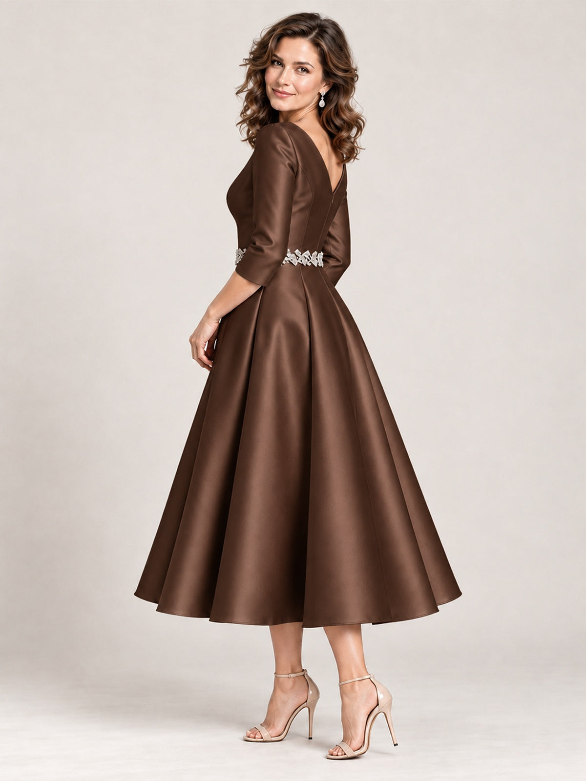 V-Neck Tea-Length Mother of the Bride Dress with Embellished Waist