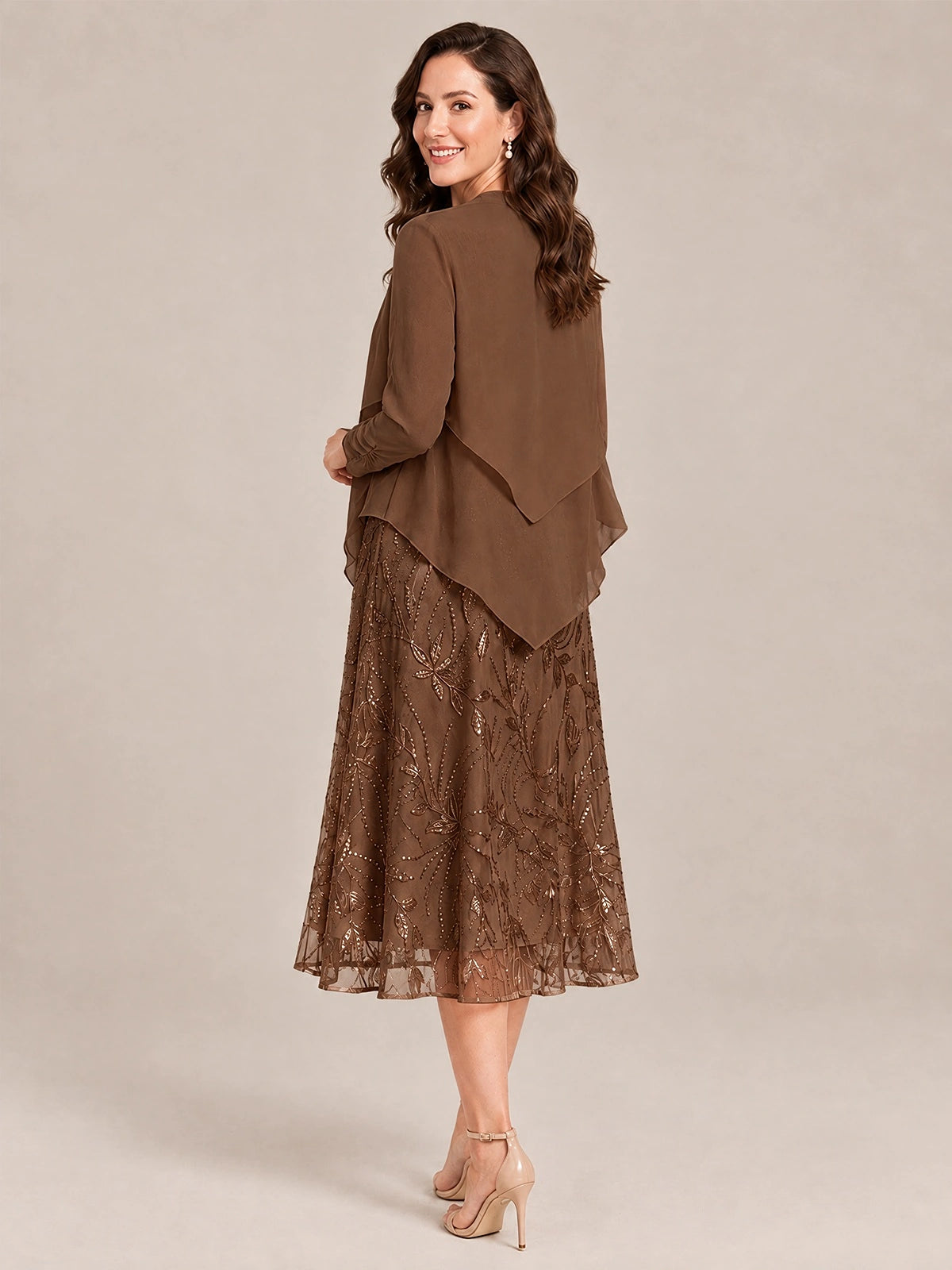 Tea Length Sequin Lace Mother of the Bride Dress with Chiffon Jacket