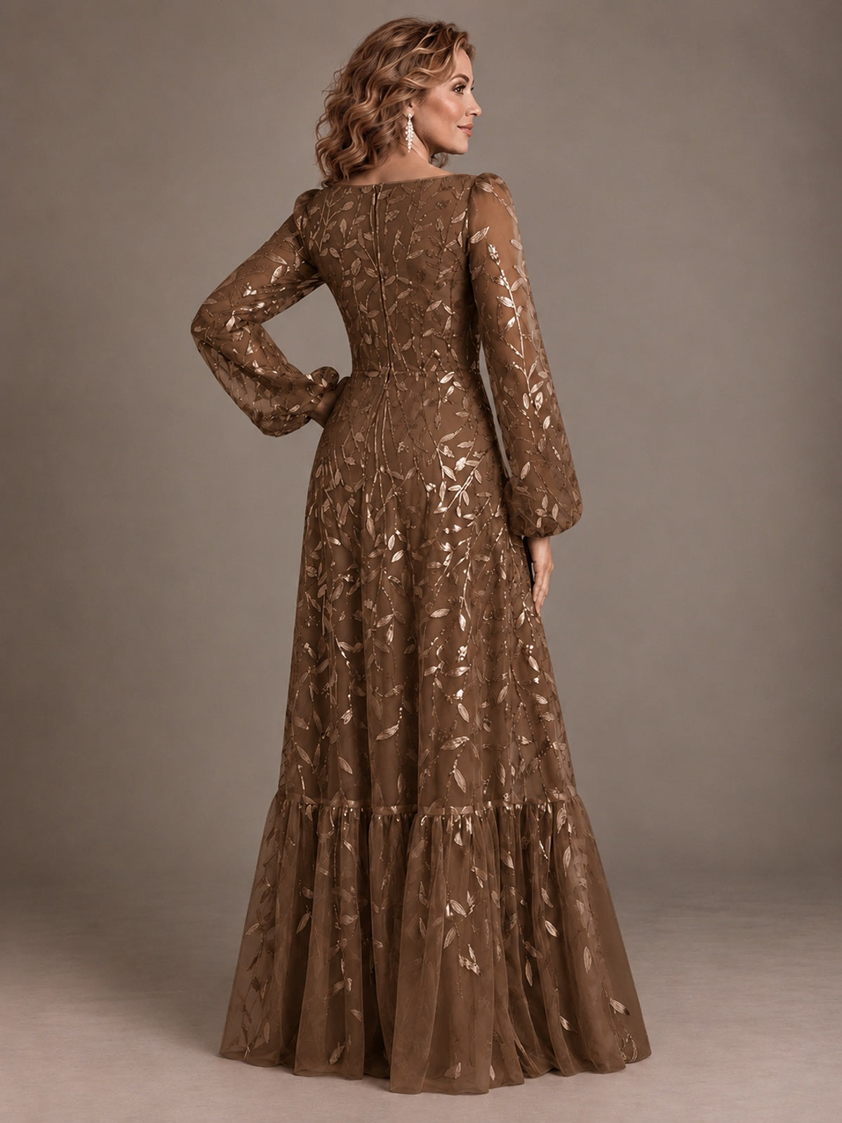 Floral Sequin Embroidered A-Line Mother of the Bride Dress with Long Sleeves