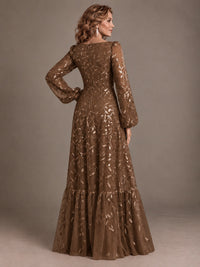 Floral Sequin Embroidered A-Line Mother of the Bride Dress with Long Sleeves