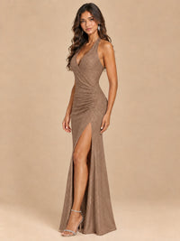 Halter V-Neck Sequin Mermaid Prom Dress with High Slit