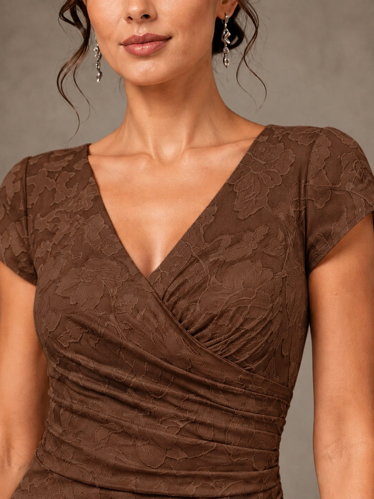 V-Neck Floral Jacquard Mother of the Bride Dress with Slit